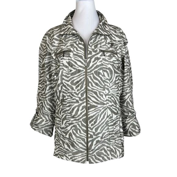 Tribal Zebra Windbreaker Jacket Women's Size 10 Gray Ivory Animal Print Full Zip - Picture 1 of 11